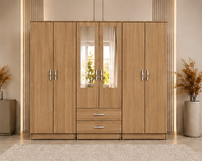 Luxury White 6 Door Wardrobe with Central Mirrors Modern Elegant 6 Door Wardrobe with Mirrors, Drawers and Spacious Storage - Image 1