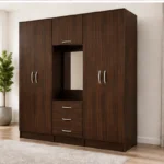 Rich Walnut 6 Door Wardrobe with Mirror – Modern Bedroom Organisation