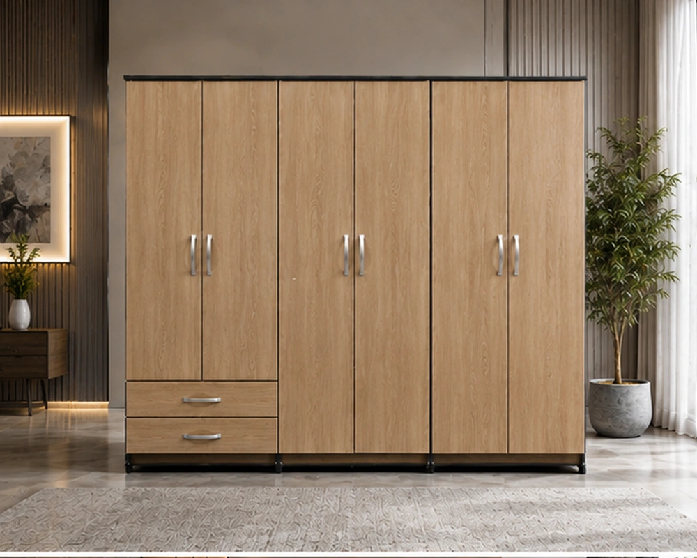 Minimalist 6 Door Wardrobe with Mirror Contemporary Oak Wardrobe – 6 Door Design with Built-In Drawers - Image 1