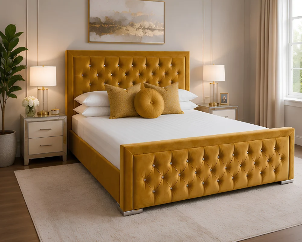 Modern Bed with Gold Headboard Golden Yellow Hilton 5ft King Bed – Elegant Tufted Headboard with Mattress - Image 1