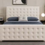 Cream Velvet Bed Frame – Elegant Deep Button Tufted Double Bed with Statement Headboard & Footboard