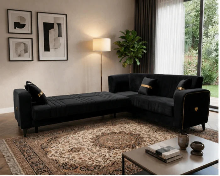 Modern Premium Design - Plush Velvet, Extra Foam- Higher Seats & Stylish Gold Detailing -  Luxury Black & Gold Corner Sofa