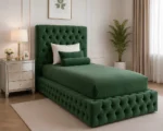 Modern Emerald Green Velvet Single Bed – Glamorous Button-Tufted Bedroom Design - Image 2