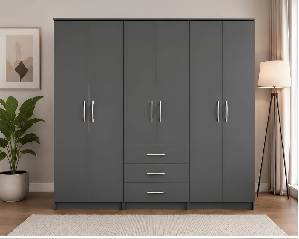 Modern Grey 6 Door Wardrobe with Spacious Drawers Stylish Large Wardrobe with 6 Doors Designed with Three Practical Drawers - Image 1