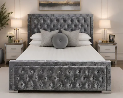 Glamorous Silver Hilton Bed Frame – Premium Padded Double Bed 160×200 cm with Mattress