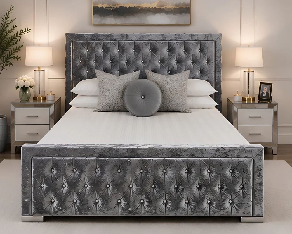 Modern Grey Bed with Tufted Headboard Glamorous Silver Hilton Bed Frame – Premium Padded Double Bed 160×200 cm with Mattress - Image 1