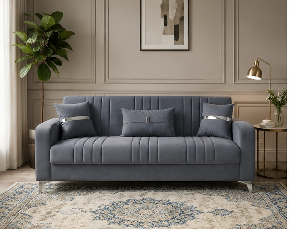 Modern Grey Velvet Sofa – Front View ORION Turkish Luxury 3 Seater Sofa Plush Velvet - Vertical Channel Design & Extra Comfort - Image 1