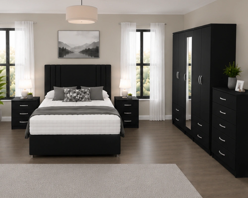 Modern Luxury Black Bedroom Set with Comfortable Bed, Mirrored Wardrobe, Matching Bedside Tables & Elegant Storage Furniture Premium King Size Bed Bedroom Set – Five Door Wardrobe with Four Bottom Drawers – Chest of Five Drawers & Two Bedside Tables - Image 1