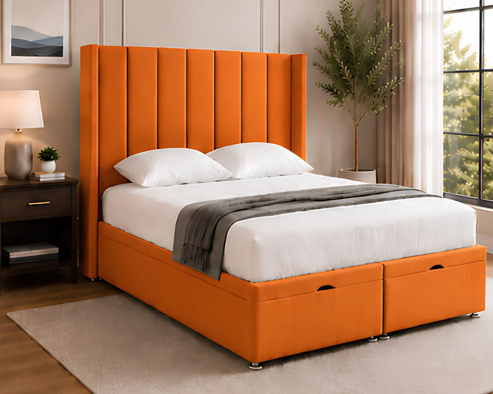 Modern Orange Double Bed Frame Copper Orange Super King Ottoman Bed – Stylish 200×200cm Frame with Convenient Lift-Up Storage - Image 1