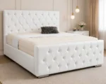 Elegant Ivory White Velvet Double Bed – Plush Tufted Headboard & Matching Footboard-Double Bed with Mattress - Image 2