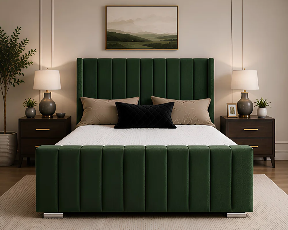 Modern VIP Double Bed – Contemporary Panel Design Pine Green Panel Bed with Mattress – Sophisticated Double Upholstered Design with Elegant Headboard - Image 1