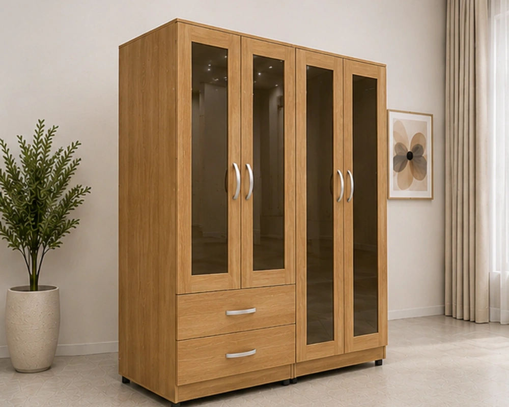 Modern Wardrobe with Two Drawers Large 4 Door Mirrored Wardrobe Featuring 4 Mirrors and 2 Spacious Drawers for Everyday Storage - Image 1
