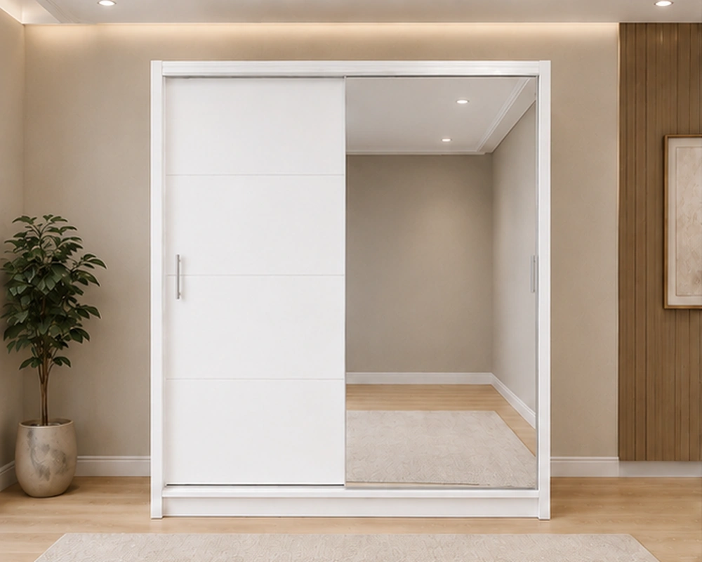 Modern White Sliding Wardrobe with Full-Length Mirror Contemporary Bedroom Sliding Wardrobe with Full-Length Mirror – Premium Storage Cabinet Featuring 2 Sliding Doors, Spacious Shelves, Hanging Rails and Elegant Modern Design - Image 1