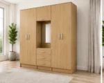 Natural Oak 6 Door Wardrobe – Elegant Mirror & Drawer Combination - Image 2
