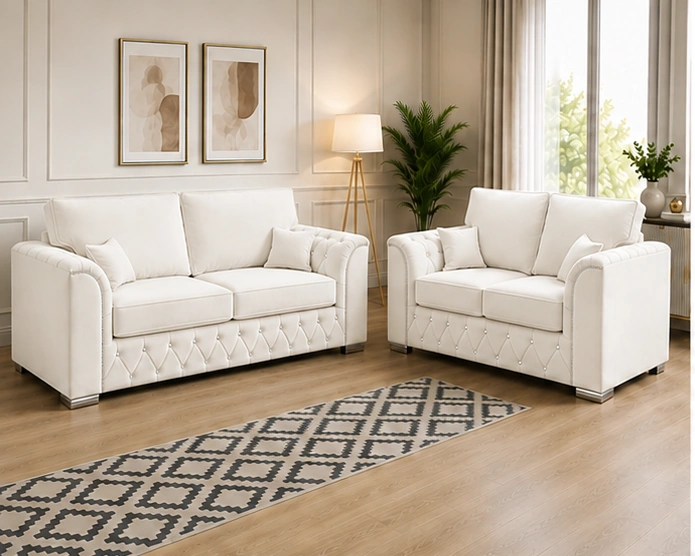 Off White Chesterfield 2 & 3 Seater Sofa Set Premium Family Seating Sofa Set Elegant Lounge Sofa Sett - Image 1
