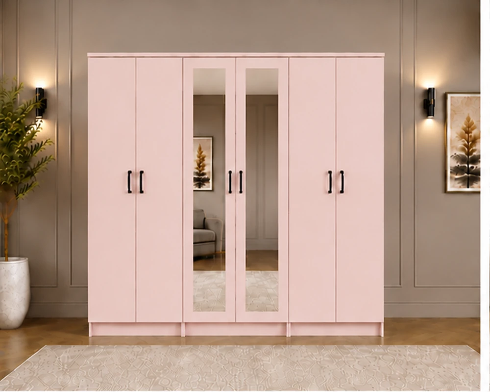 Pink 6-Door Wardrobe – Front View Modern 6-Door Wardrobe Elegant Pink Finish - 2 Mirrors - Spacious Storage - Image 1