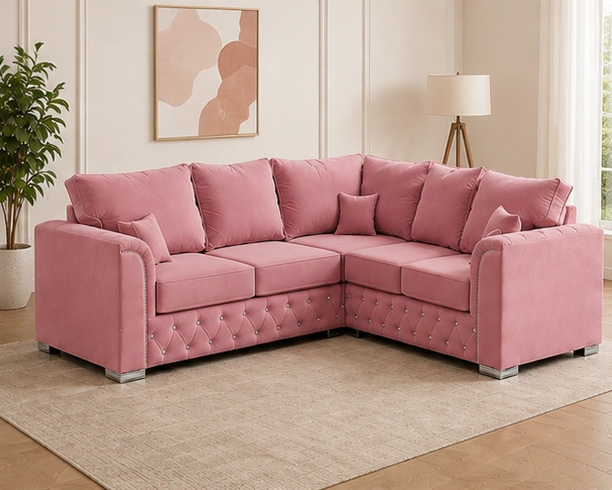 Pink L Shape Chesterfield Corner Sofa – Luxury Buttoned Design Elegant L-Shaped Camel Sofa – Luxury Corner Seating for Living Room - Malibu Sofa L-Shape - Image 1