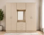 Modern Beige Wardrobe with Centre Mirror – Premium Six Door Bedroom Furniture