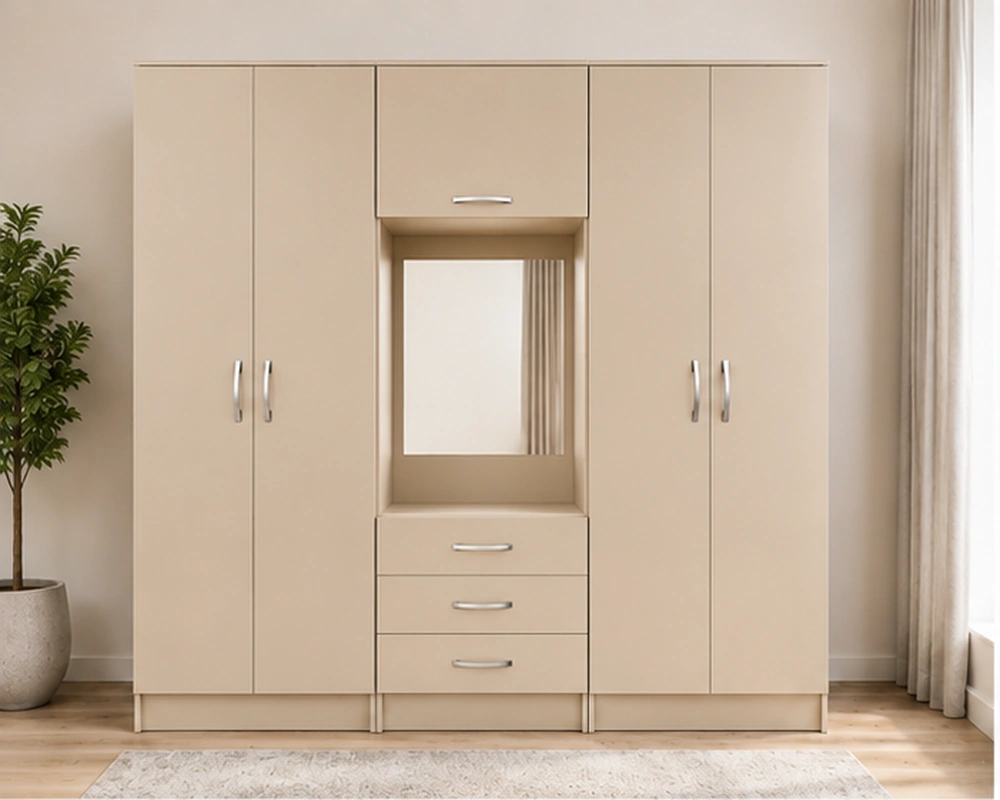 Premium 6 Door Closet with Storage Modern Beige Wardrobe with Centre Mirror – Premium Six Door Bedroom Furniture - Image 1