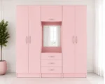 Dusty Pink 6 door Wardrobe with Mirror & Drawers – Chic Furniture for Modern Bedrooms