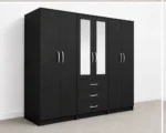 6 Door Black Wardrobe with 3 Drawers & Double Mirrors  –   Modern Bedroom Storage Cabinet