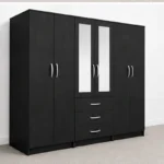 6 Door Black Wardrobe with 3 Drawers & Double Mirrors  –   Modern Bedroom Storage Cabinet