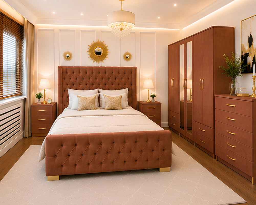 Premium Complete Bedroom Furniture – Stylish Design (3) Designer Bedroom Furniture Set – Double Bed, Six Door Mirrored Wardrobe with Four Bottom Drawers & Matching Furniture - Image 1