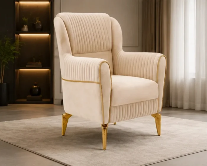 Luxury Cream Wingback Accent Chair – Fluted Upholstery with Gold Trim & Elegant Legs