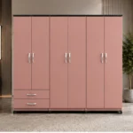 Elegant Pink 6-Door Wardrobe with Drawers – Modern Bedroom Storage