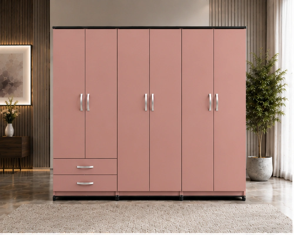 Premium Large Wardrobe with Mirror Elegant Pink 6-Door Wardrobe with Drawers – Modern Bedroom Storage - Image 1