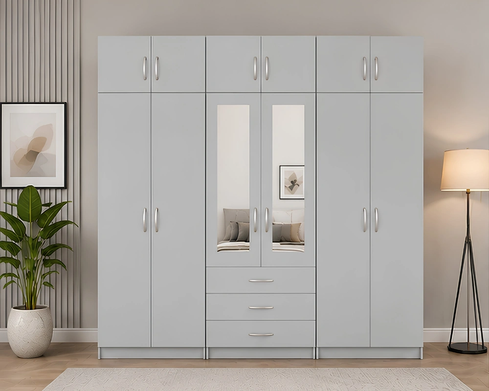Premium Light Grey Bedroom Wardrobe with 6 Doors & 2 Mirrors Modern Bedroom Storage Wardrobe 6 Doors, 2 Mirrors & 6 Drawers (Copy) (Copy) - Image 1