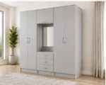 Modern Ash Grey Wardrobe – Six Door Design with Mirror & Drawers - Image 2