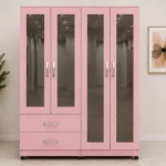 Elegant 4 Door Mirrored Closet with 4 Mirror Panels and 2 Drawers for Clothes and Accessories