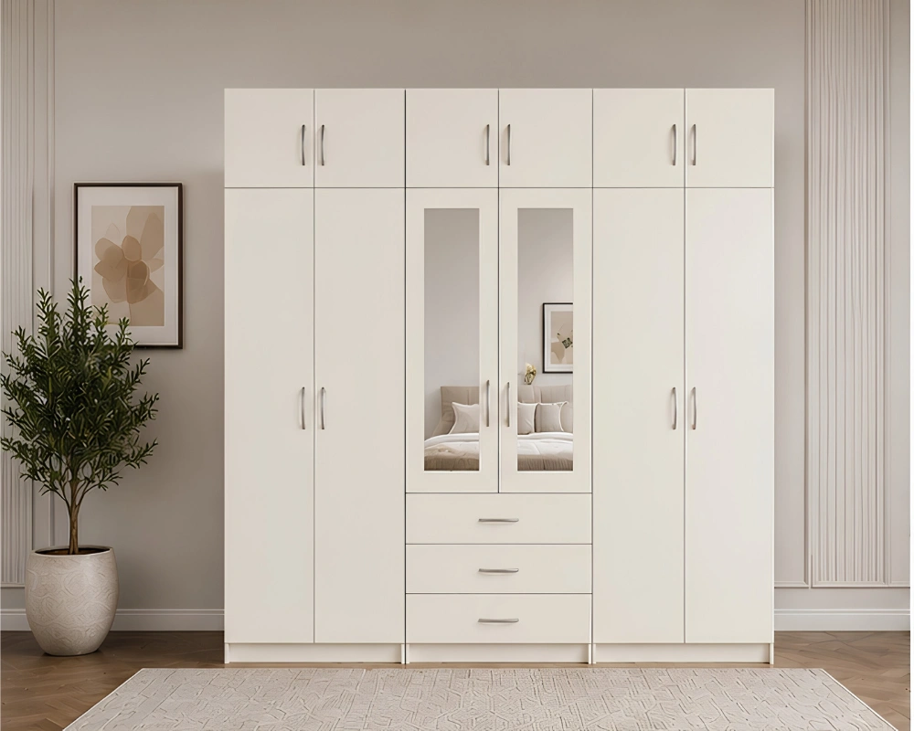 Premium Off White 6 Door Mirrored Wardrobe with Drawers Elegant 6 Door Mirrored Wardrobe Practical Storage with 6 Drawers - Image 1