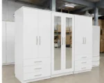 Modern 6 Door White Wardrobe with 6 Drawers & Double Mirrors –  Stylish Bedroom Storage