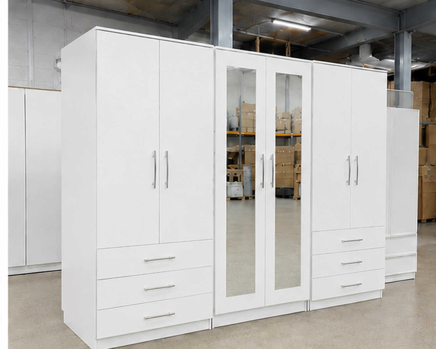 Premium White Multi-Door Wardrobe with 6 Drawers Modern 6 Door White Wardrobe with 6 Drawers & Double Mirrors – Stylish Bedroom Storage - Image 1