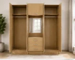 Natural Oak 6 Door Wardrobe – Elegant Mirror & Drawer Combination - Image 3