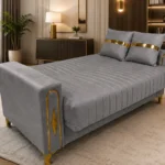 Luxury Turkish Sofa Bed – Grey 3 Seater Sofa Bed with Gold Accents