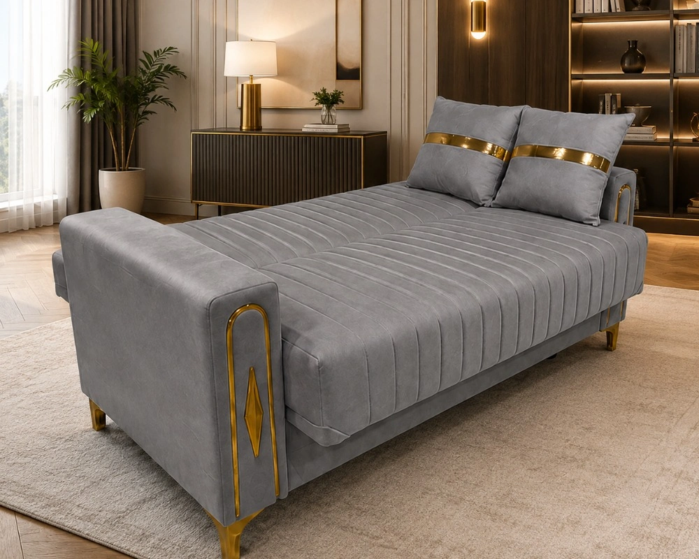 Premium quality sofa bed Luxury Turkish Sofa Bed – Grey 3 Seater Sofa Bed with Gold Accents - Image 1