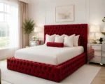 Regal Red Velvet King Bed – Padded Headboard & Footboard