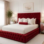 Regal Red Velvet King Bed – Padded Headboard & Footboard