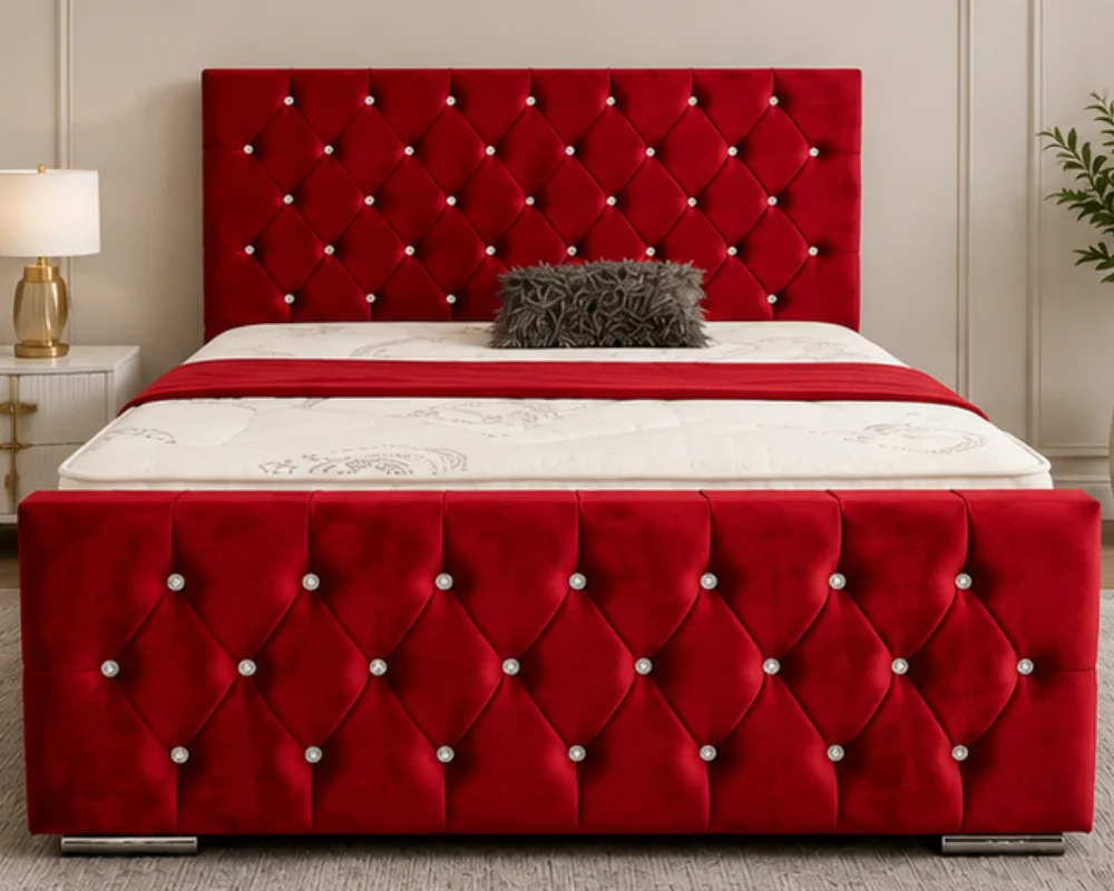 Red Velvet Bed with Studded Button Design Premium Red Velvet Double Bed –Luxury Velvet Double Bed 160×200 cm / 4ft 6in - Image 1