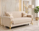 Luxury Turkish Sofa – Cream Fluted 3 Seater Sofa with Gold Accents