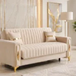 Luxury Turkish Sofa – Cream Fluted 3 Seater Sofa with Gold Accents