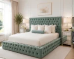 Opulent Sage Green Upholstered Bed – 4ft6 Double with Mattress - Image 2