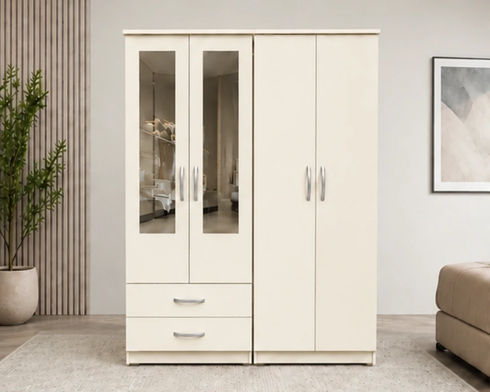 Sleek 4-Door Closet Design Elegant 4 Door Wardrobe Design with 2 Mirror Panels and 2 Convenient Storage Drawers - Image 1