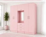 Dusty Pink 6 door Wardrobe with Mirror & Drawers – Chic Furniture for Modern Bedrooms - Image 2