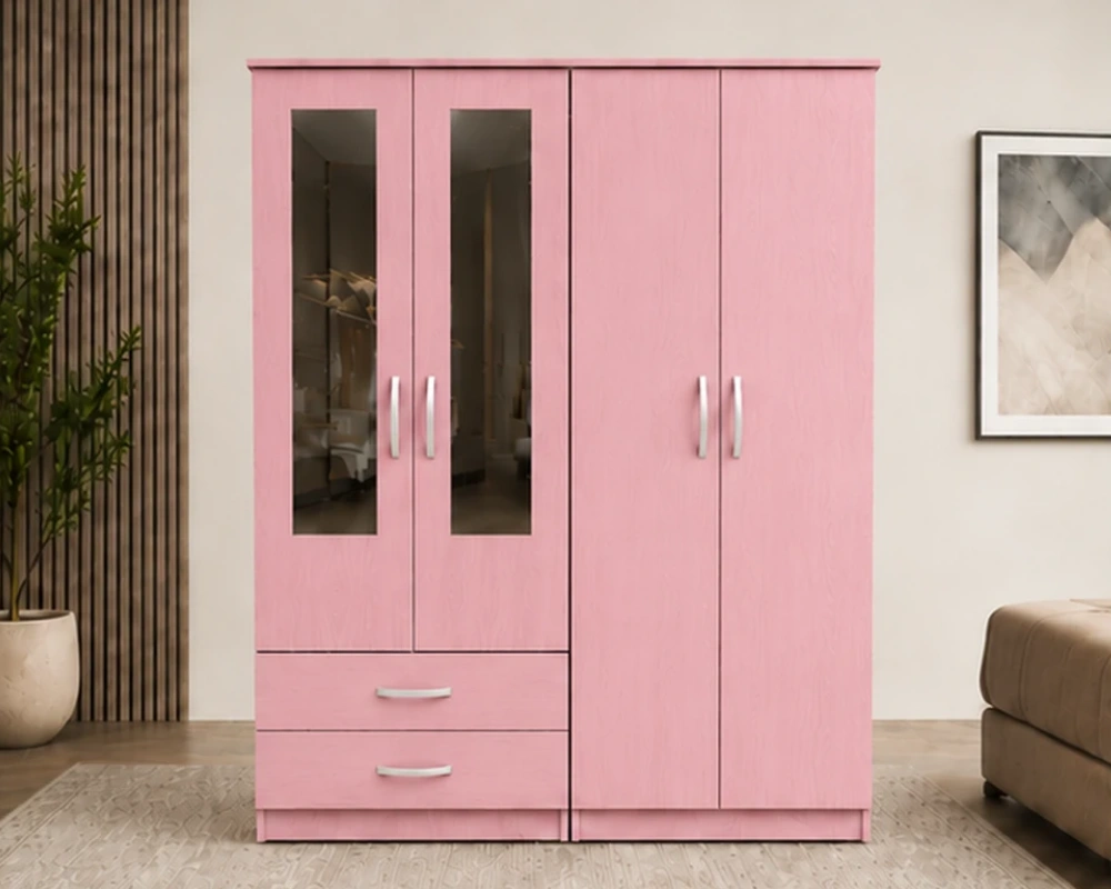 Spacious Bedroom Closet Design Elegant Modern Wardrobe with 4 Doors, 2 Mirror Panels and 2 Drawer Units - Image 1