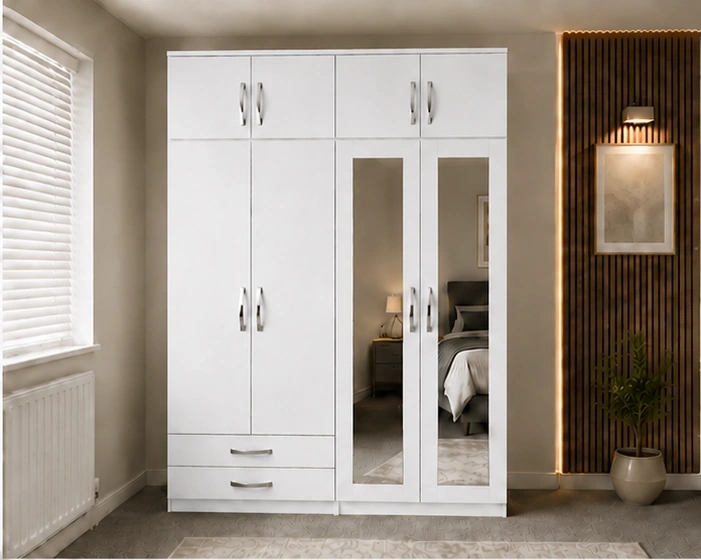 Spacious Closet Design 4 Door Bedroom Wardrobe with 4 Drawers and 2 Long Mirrors - Image 1
