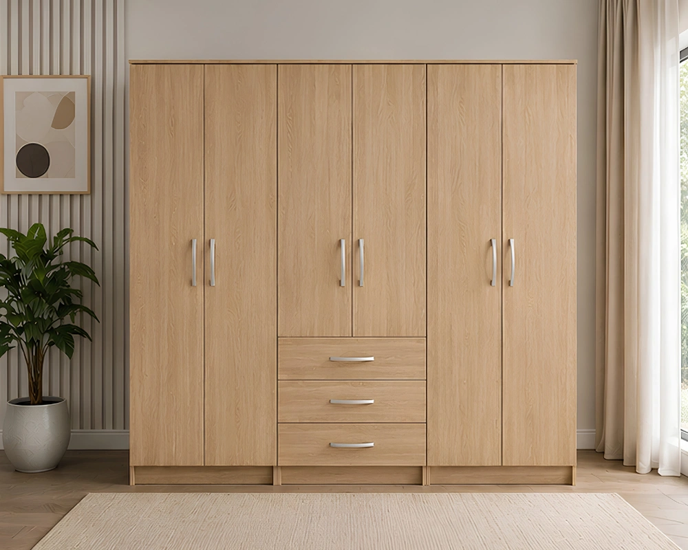 Spacious Grey 6 Door Wardrobe with Generous Storage Drawers Modern Spacious Wardrobe with Drawers Six Door Design for Complete Storage - Image 1